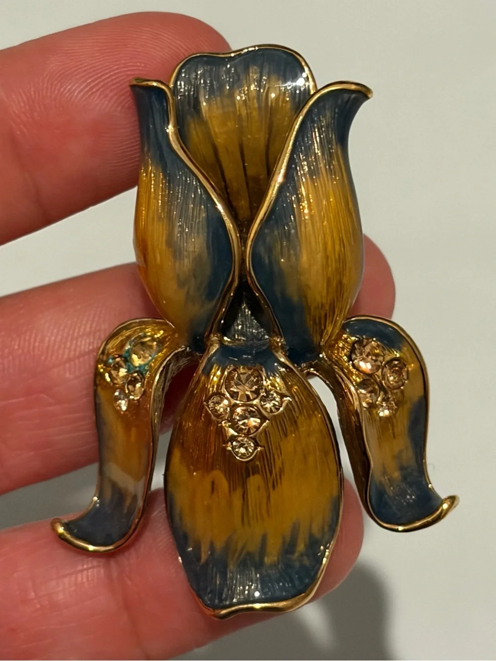 VTG Monet Iris Brooch Blue And Gold Enamel Petals Signed